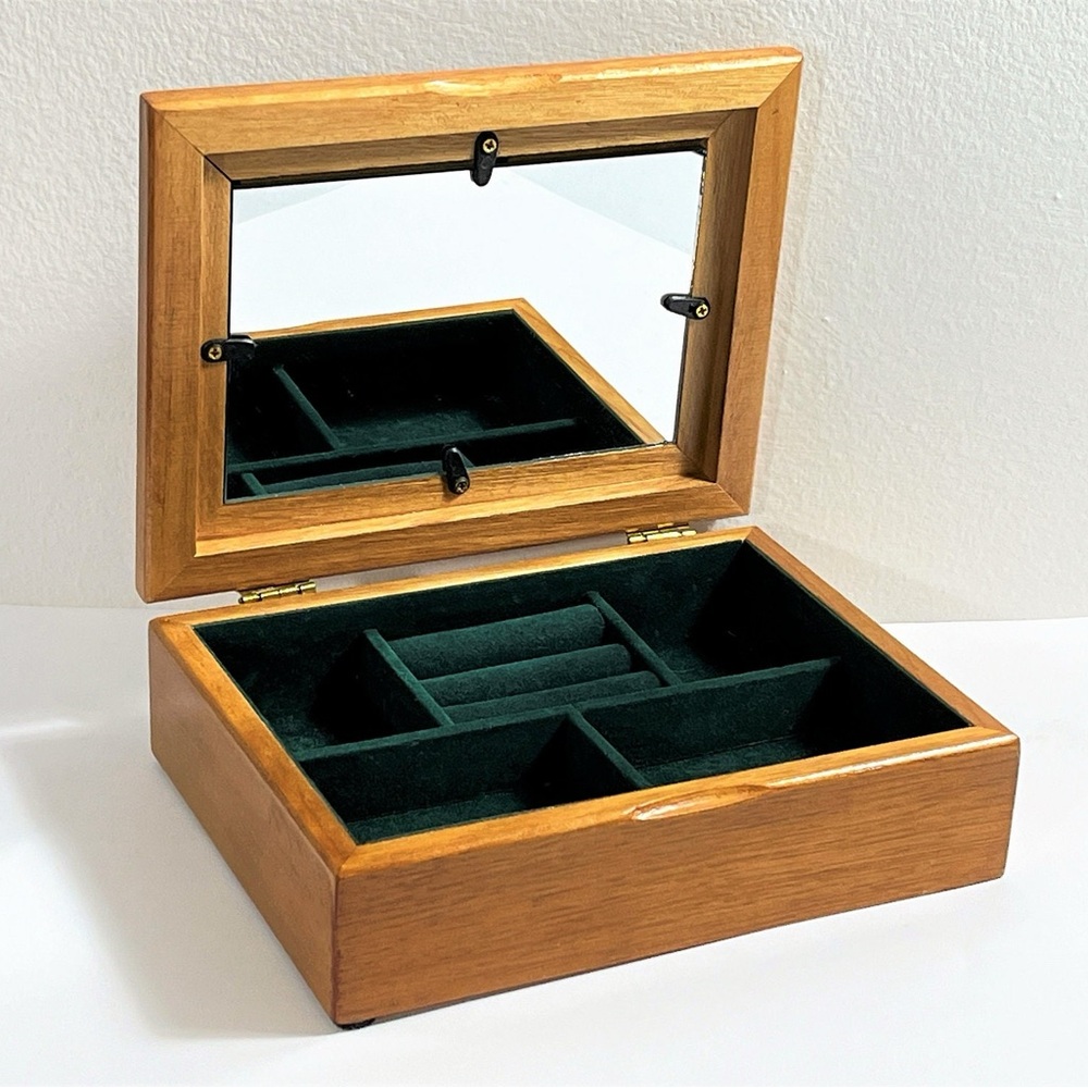 Wooden Jewelry Organizer Box with Mirror Green Velvet Lining Personalized Photo - Picture 2 of 10